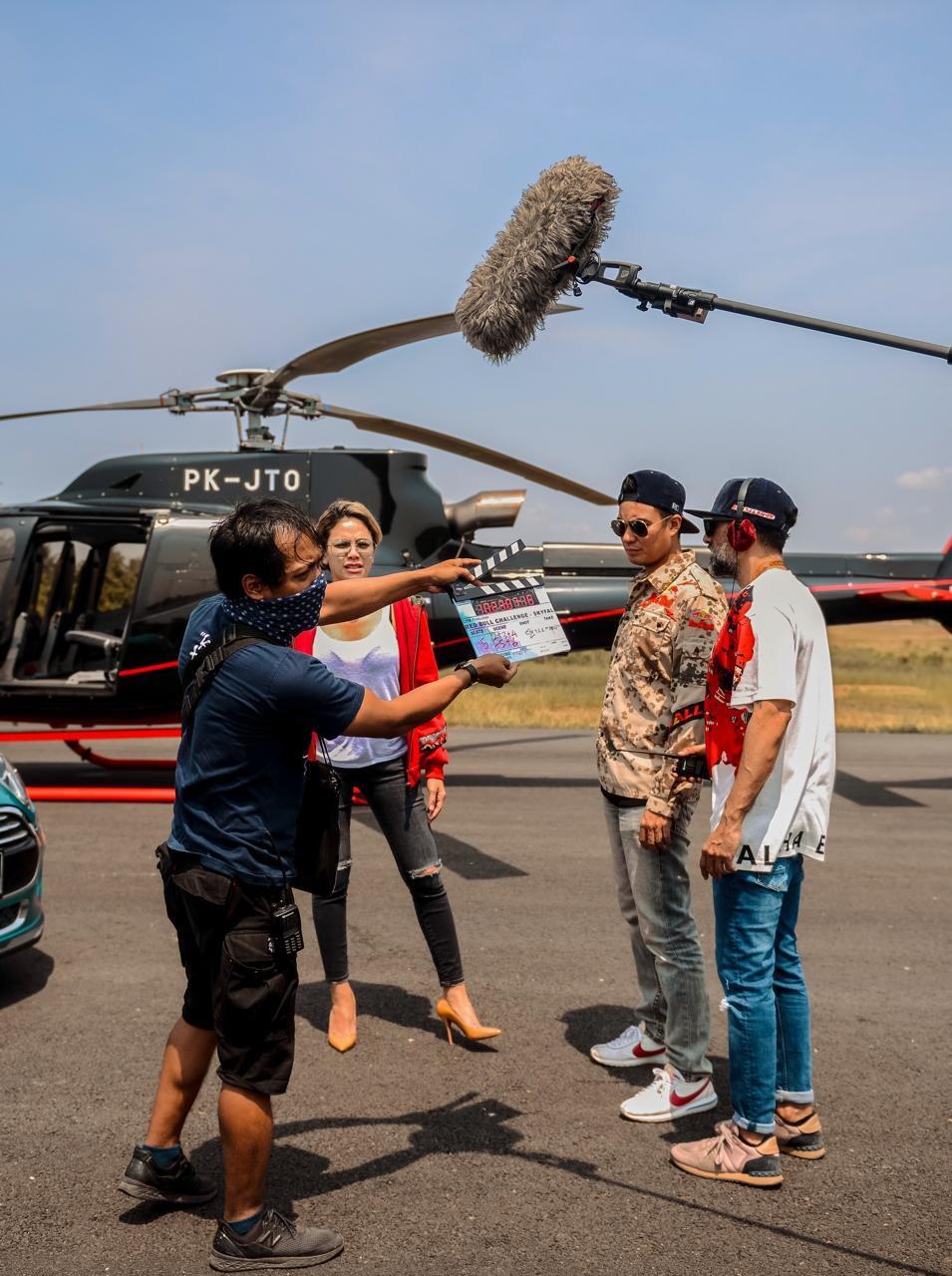 Film production on set with helicopter